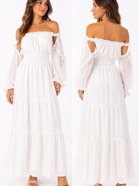 Zesica White Off Shoulder Maxi Boho Dress Smocked Stretch Bust Size M NWOT